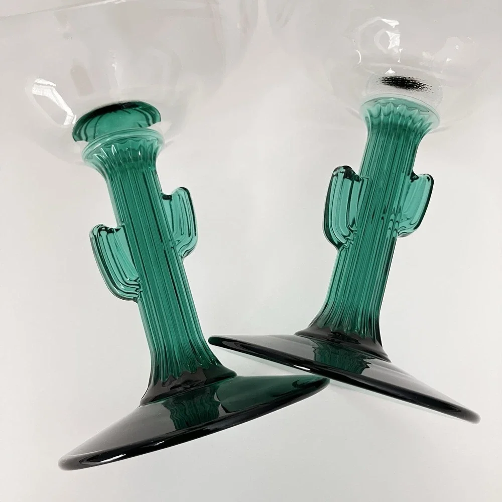Libbey Green Cactus Saguaro Stem Margarita Glasses 16oz Set of 2 Southwest